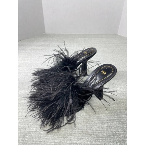 Zara Shoes - Zara Feather Mules Heel Sandals Size 39/8 NWT Black Square Toe Pinup